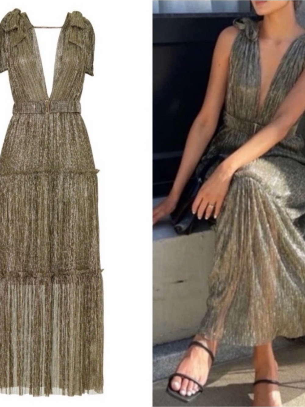 Sabina Musayev Elegant Metallic Bronze Tiered Maxi Dress